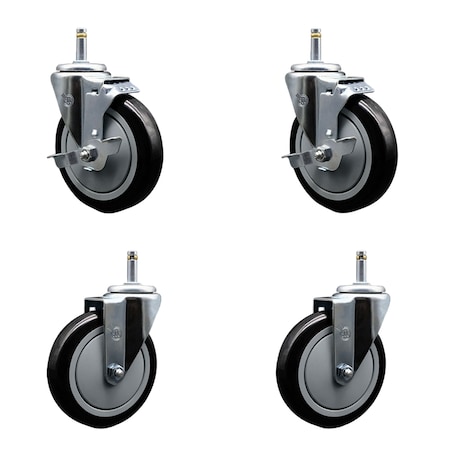 Service Caster 5'' Black Poly Wheel Swivel 7/16'' Grip Ring Stem Caster Set 2 Brakes, 4PK SCC-GR20S514-PPUB-BLK-TLB-716138-2S2